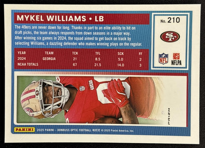 Mykel Williams 2025 Panini Donruss Optic Rated Rookie Green Velocity Prizm 49ers back