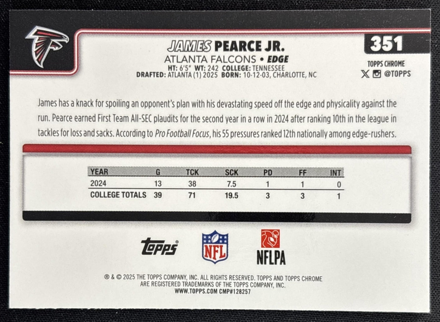 James Pearce Jr. 2025 Topps Chrome Rookie Aqua Wave Refractor /199 Falcons back