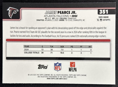 James Pearce Jr. 2025 Topps Chrome Rookie Aqua Wave Refractor /199 Falcons back