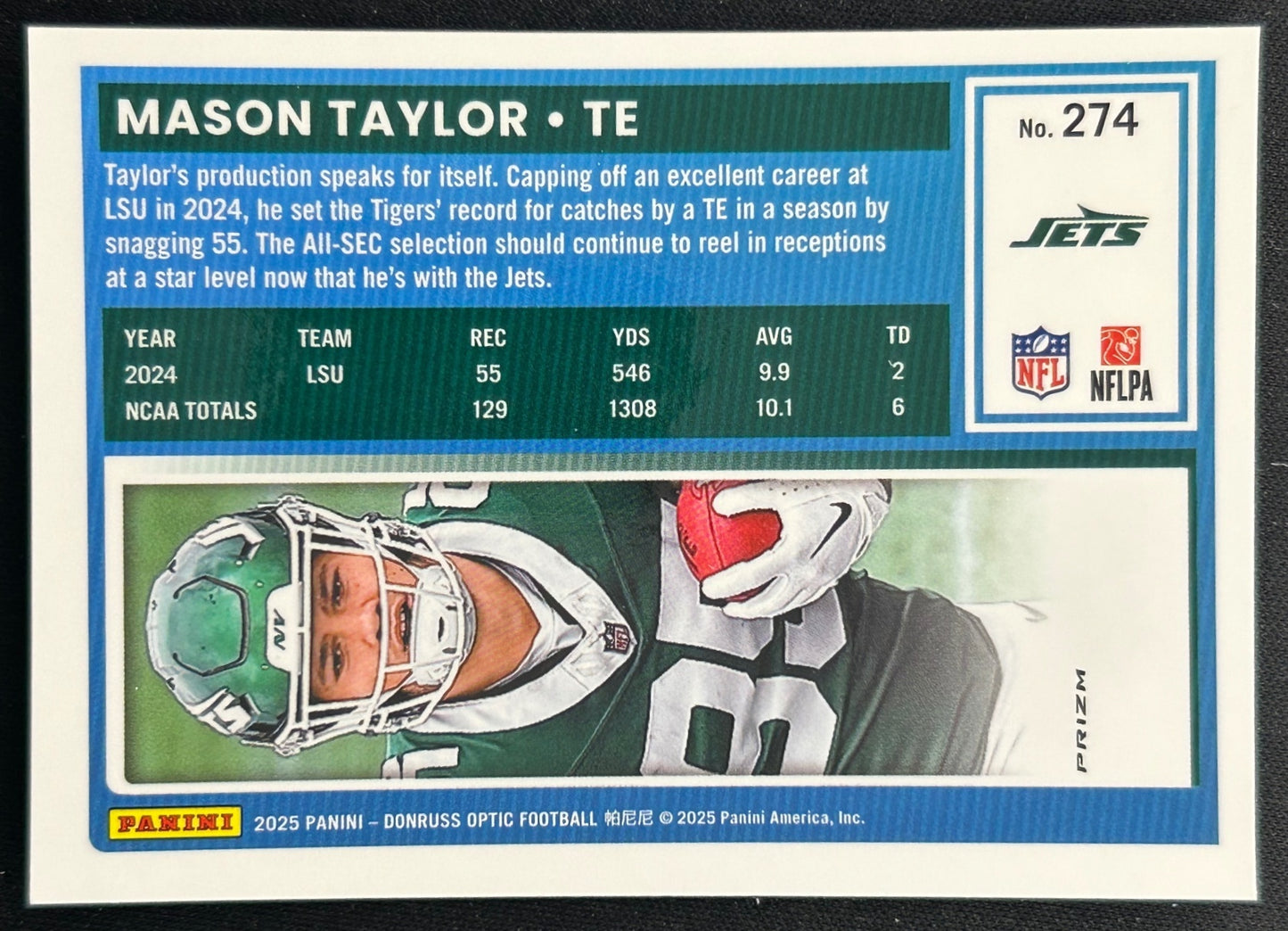 Mason Taylor 2025 Panini Donruss Optic Rated Rookie Purple Shock Prizm Jets Sports Trading Cards