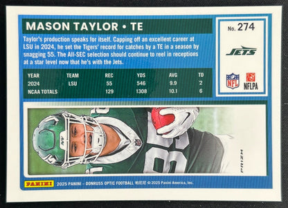 Mason Taylor 2025 Panini Donruss Optic Rated Rookie Purple Shock Prizm Jets Sports Trading Cards