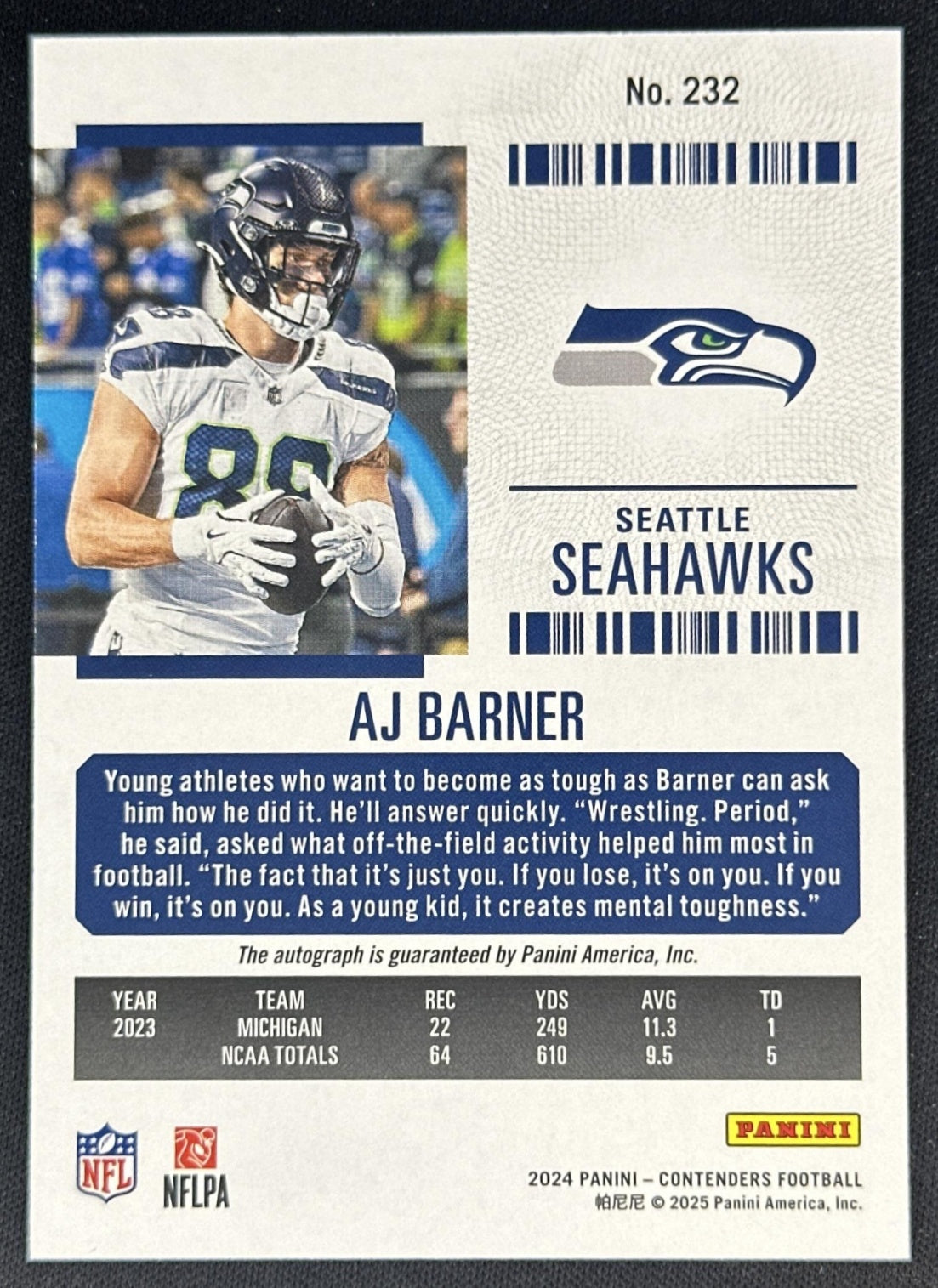 AJ Barner 2024 Panini Contenders Rookie Ticket Auto Seahawks Sports Trading Cards