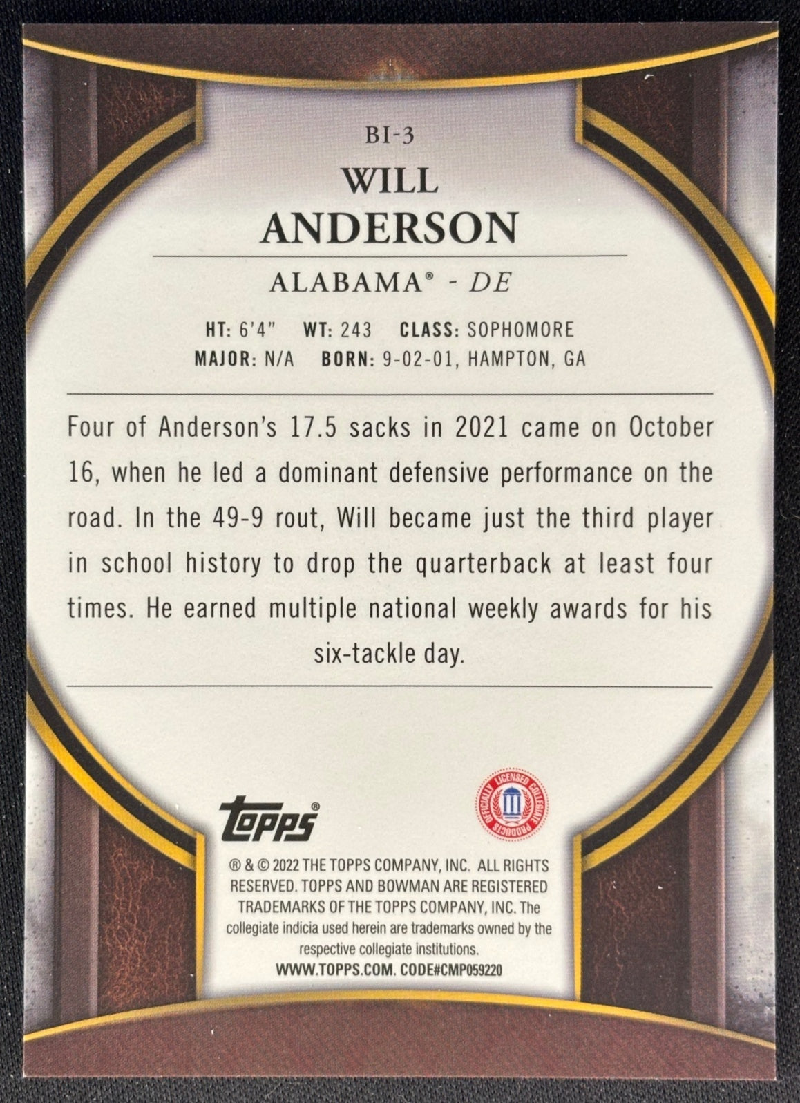 Will Anderson 2022 University Chrome Invicta Crimson Tide