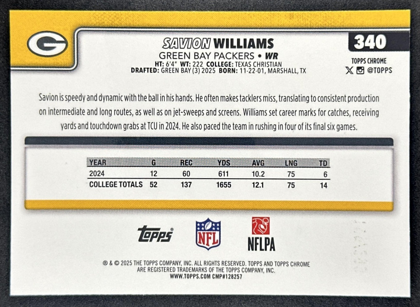 Savion Williams 2025 Topps Chrome Rookie Teal Wave Refractor /299 Packers back