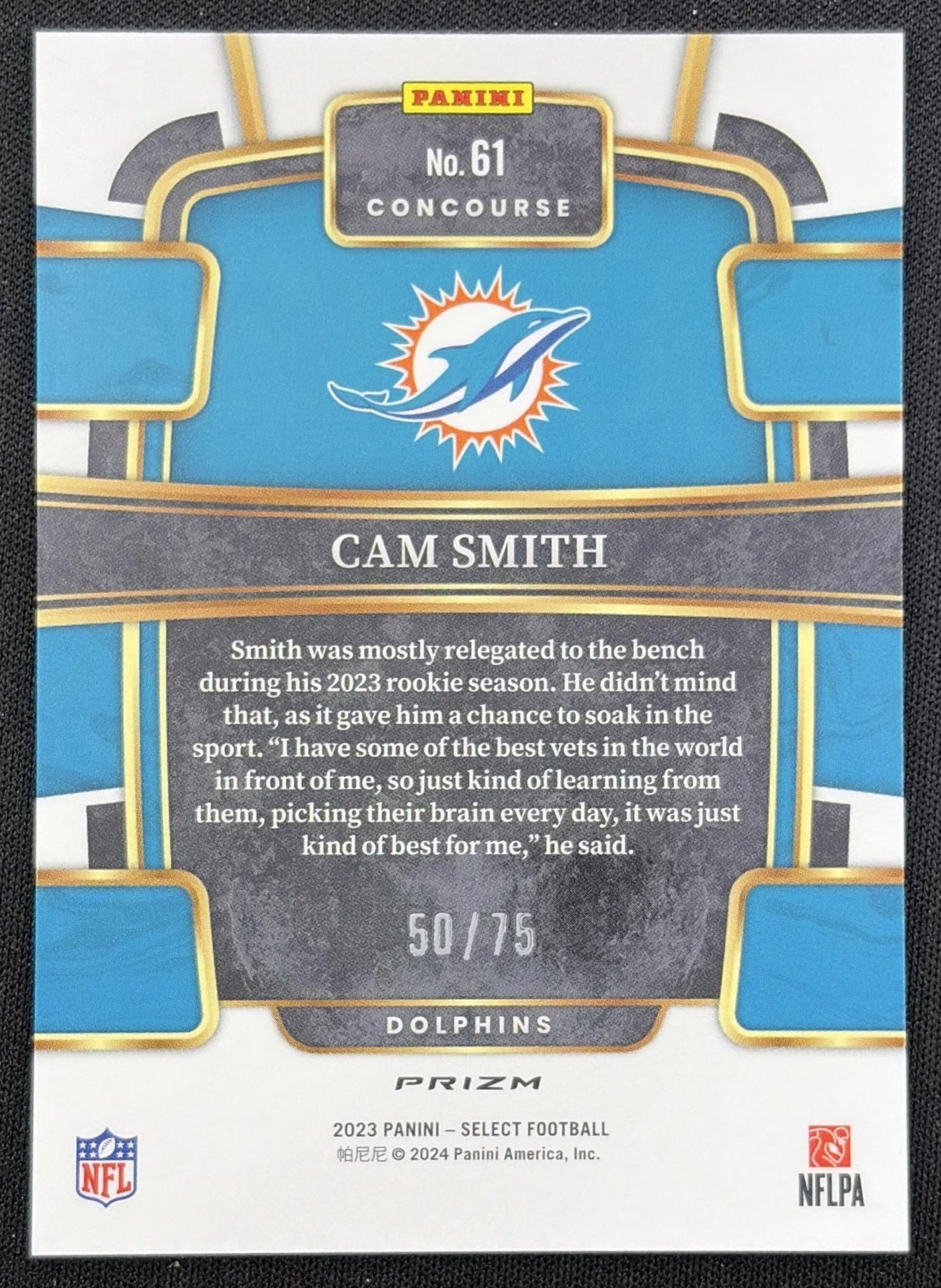 Cam Smith 2023 Panini Select Purple Prizms /75 Dolphins