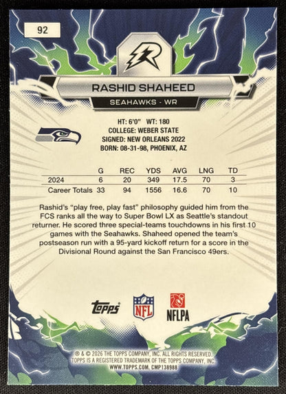 Rashid Shaheed 2025 Topps Resurgence Sky Blue and Pink Shock Refractor Seahawks back