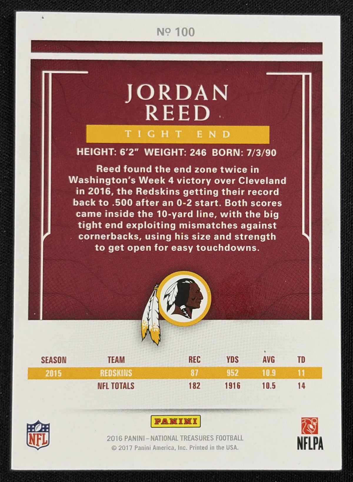 Jordan Reed 2016 Panini National Treasures /99 Redskins Sports Trading Card