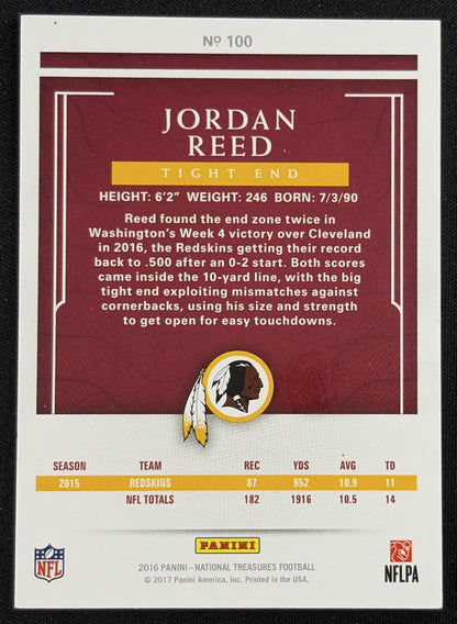 Jordan Reed 2016 Panini National Treasures /99 Redskins Sports Trading Card