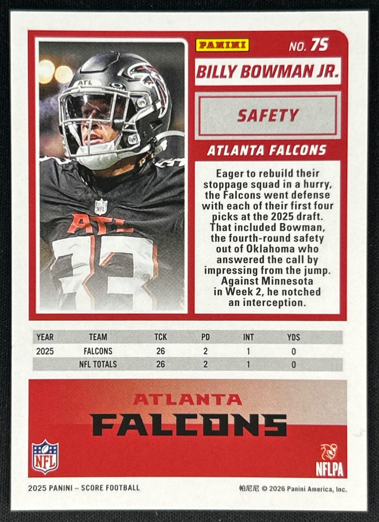 Billy Bowman Jr. 2025 Score Purple Rookie Falcons Sports Trading Card