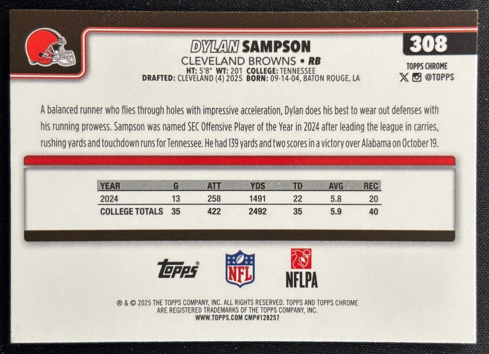 Dylan Sampson 2025 Topps Chrome Rookie Pulsar Refractor Browns Sports Trading Cards