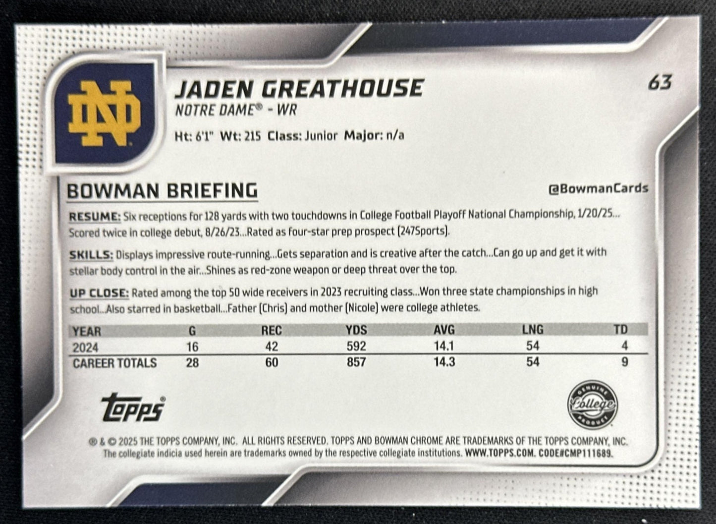Jaden Greathouse 2025 Chrome University Prospects Pink Lava Refractor Fighting Irish