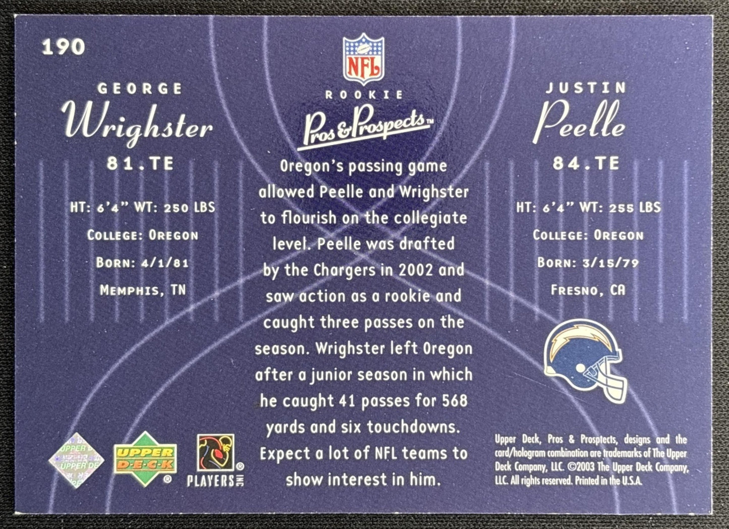 George Wrighster Justin Peelle 2003 Upper Deck Pros & Prospects /1800 Ducks back