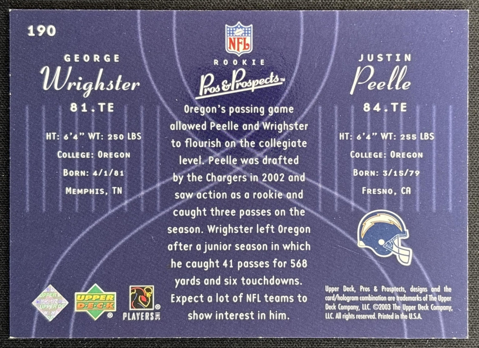 George Wrighster Justin Peelle 2003 Upper Deck Pros & Prospects /1800 Ducks back