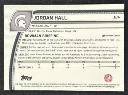 Jordan Hall 2024 Bowman Chrome University Purple Refractor /399 Spartans