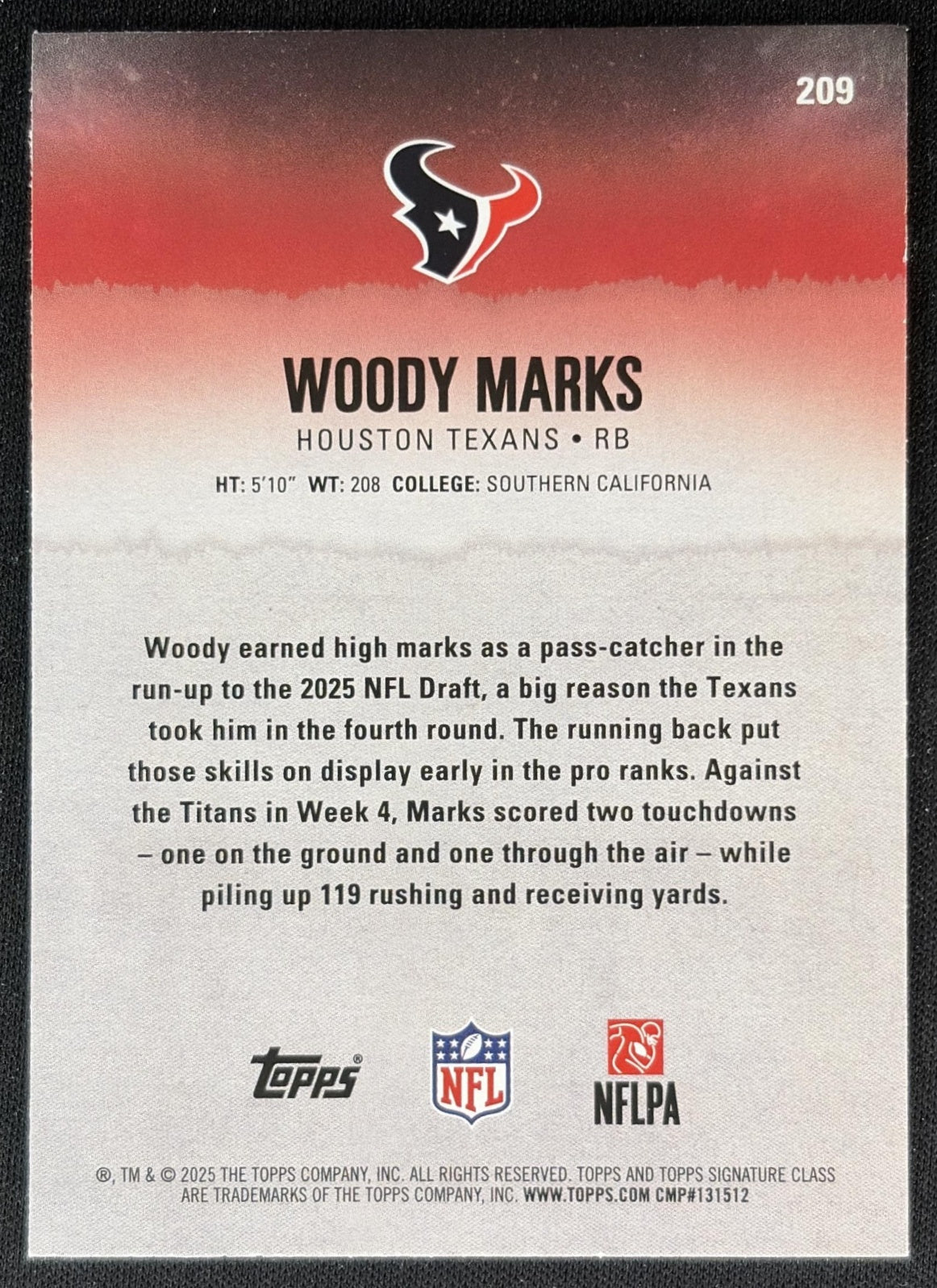 Woody Marks 2025 Topps Signature Class Rookie Blue & Yellow Foil Texans back