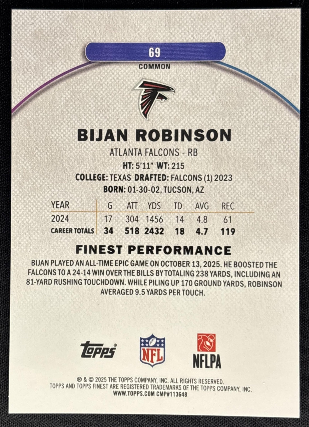 Bijan Robinson 2025 Topps Finest Sky Blue Refractor /325 Falcons