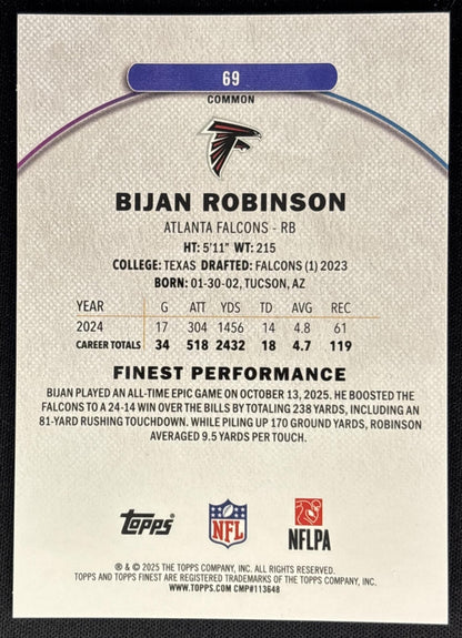 Bijan Robinson 2025 Topps Finest Sky Blue Refractor /325 Falcons
