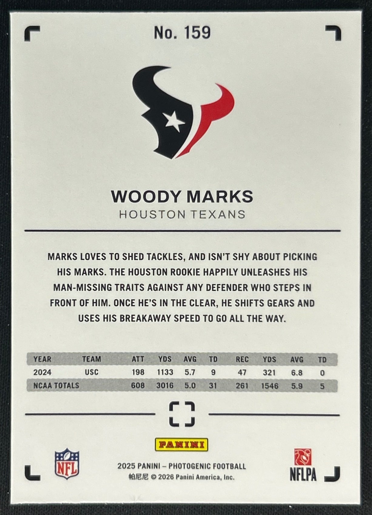 Woody Marks 2025 PhotoGenic Rookies Texans Sports Trading Cards