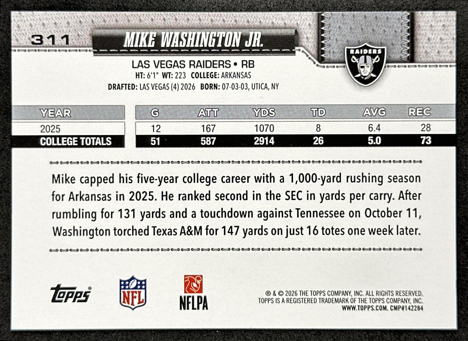 Mike Washington Jr. 2026 Topps Flagship Rookie Raiders Sports Trading Card