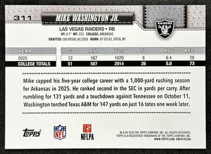 Mike Washington Jr. 2026 Topps Flagship Rookie Raiders Sports Trading Card