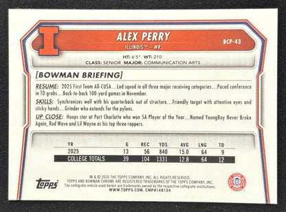 Alex Perry 2026 Bowman Chrome Prospects Steel Metal Refractor /100 Fighting Illini Sports Trading Card