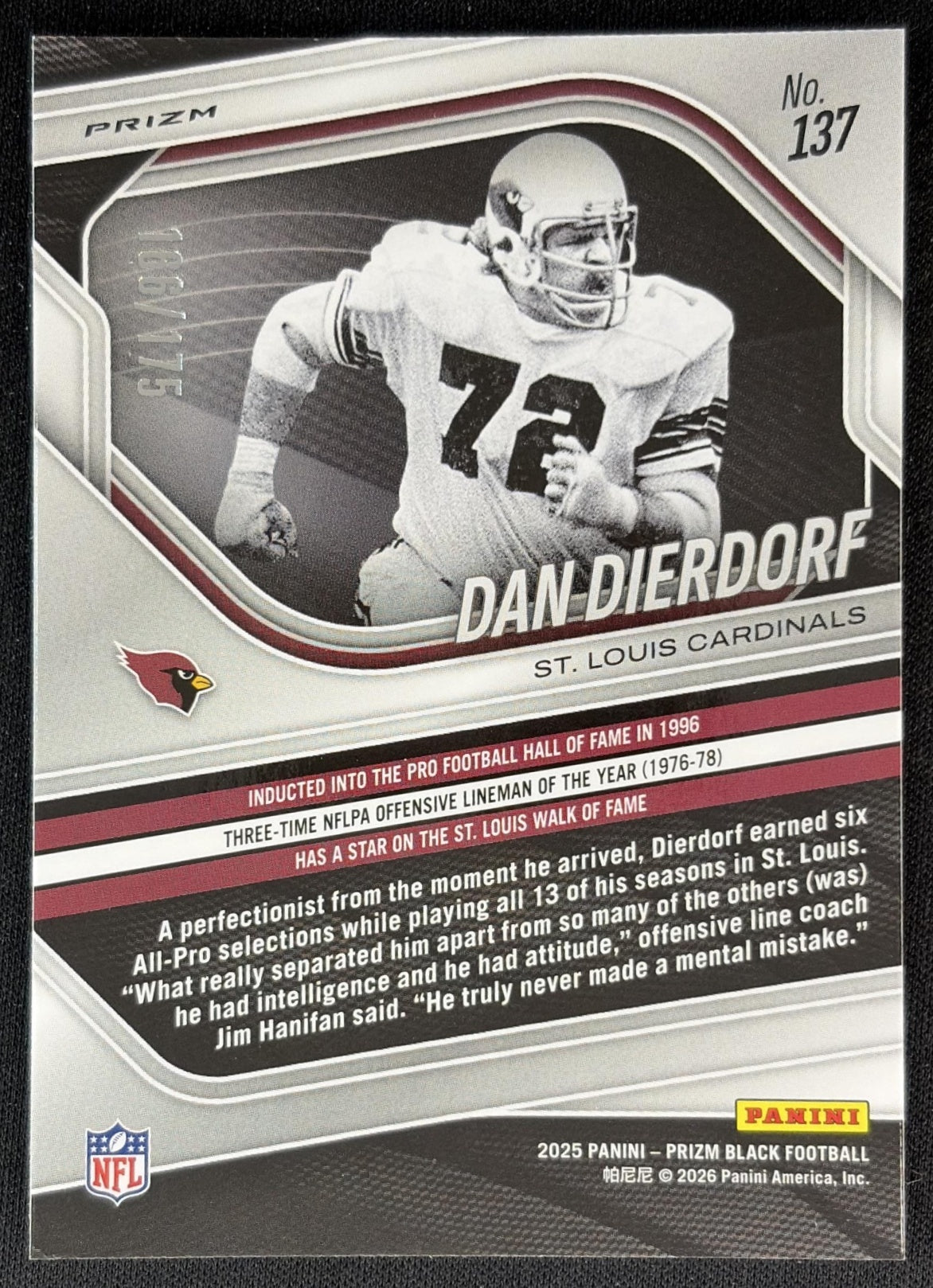 Dan Dierdorf 2025 Panini Prizm Black White /175 Cardinals Back