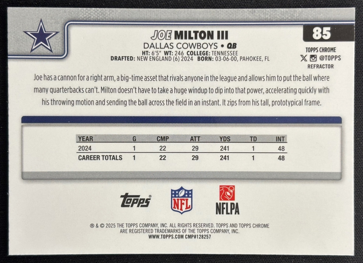 Joe Milton III 2025 Chrome Refractor Cowboys Sports Trading Cards