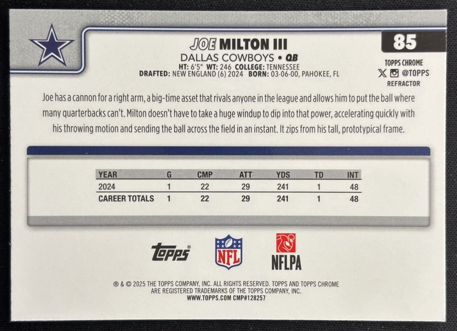 Joe Milton III 2025 Chrome Refractor Cowboys Sports Trading Cards
