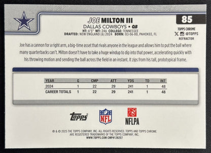 Joe Milton III 2025 Chrome Refractor Cowboys Sports Trading Cards