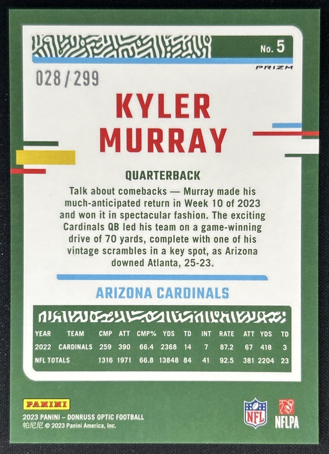 Kyler Murray 2023 Panini Donruss Optic Aqua Prizm /299 Cardinals back