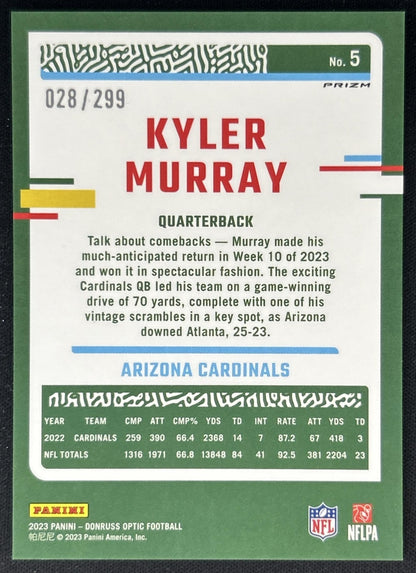 Kyler Murray 2023 Panini Donruss Optic Aqua Prizm /299 Cardinals back