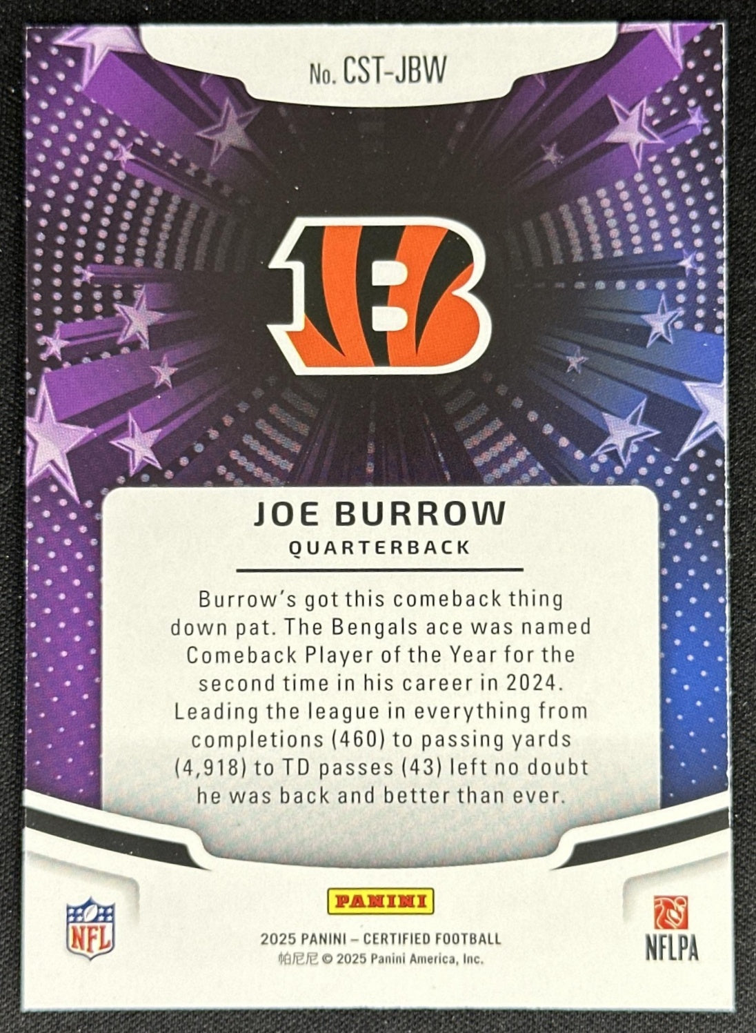 Joe Burrow 2025 Panini Certified Stars Mirror Pink /199 Bengals