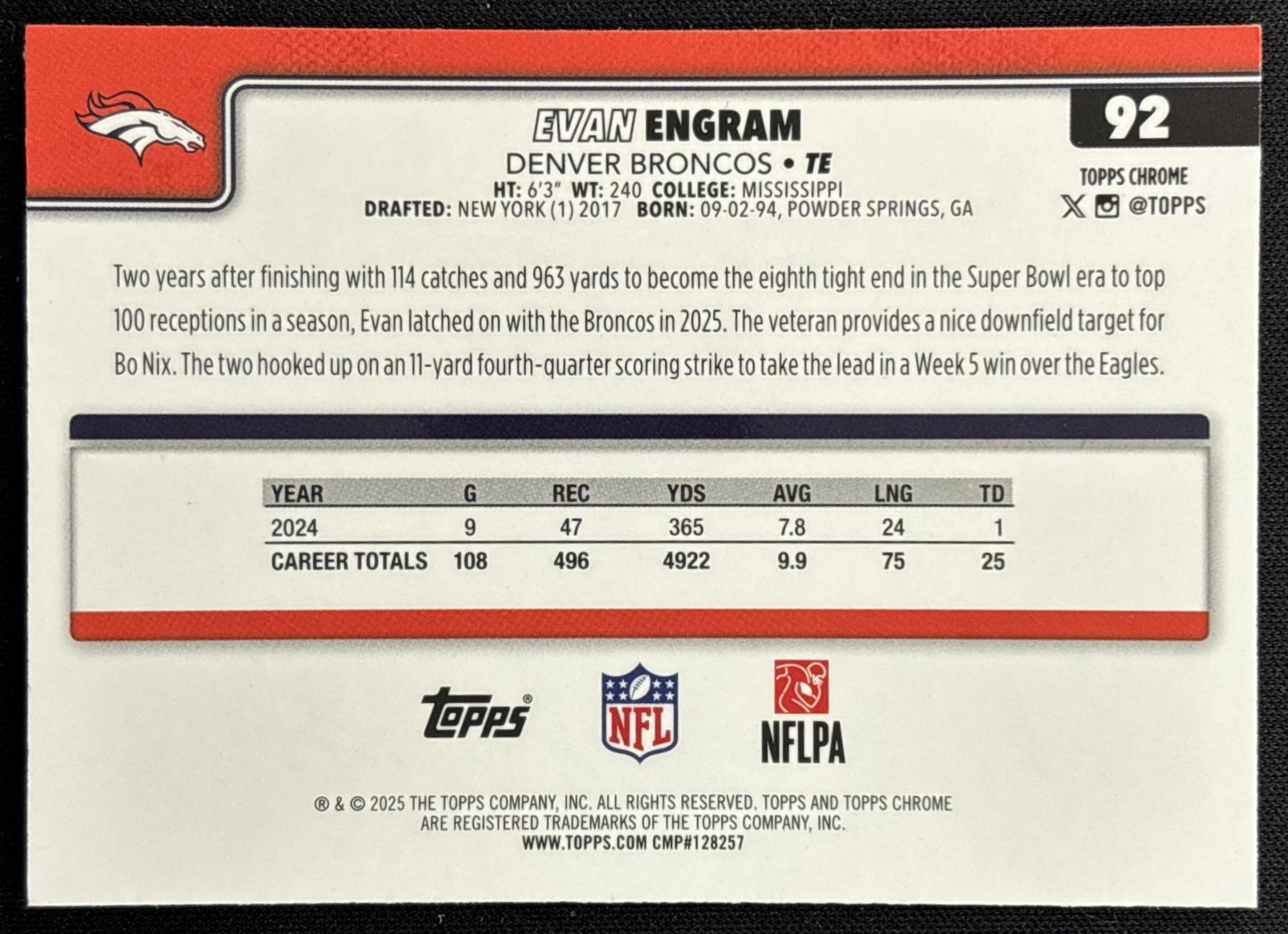 Evan Engram 2025 Topps Chrome Football Leather Refractor Broncos back