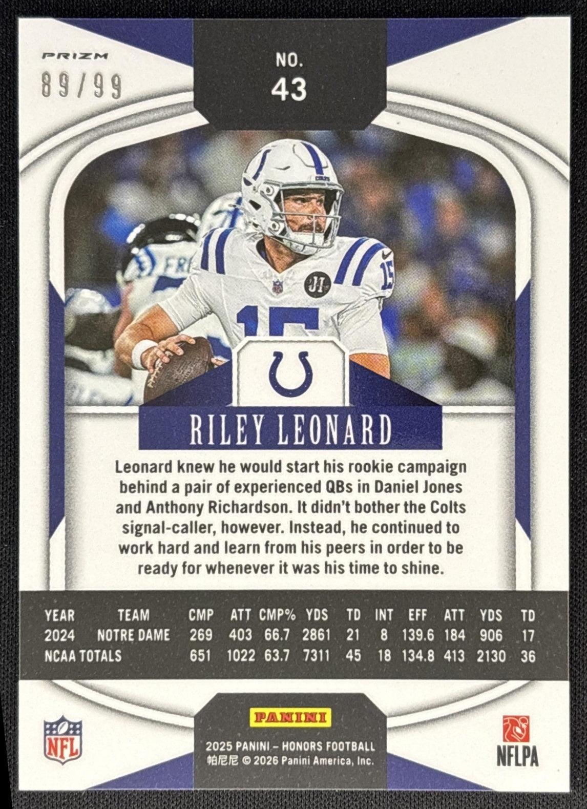 Riley Leonard 2025 Panini Honors Rookies /99 Colts back
