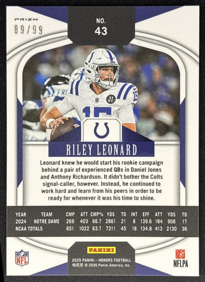 Riley Leonard 2025 Panini Honors Rookies /99 Colts back