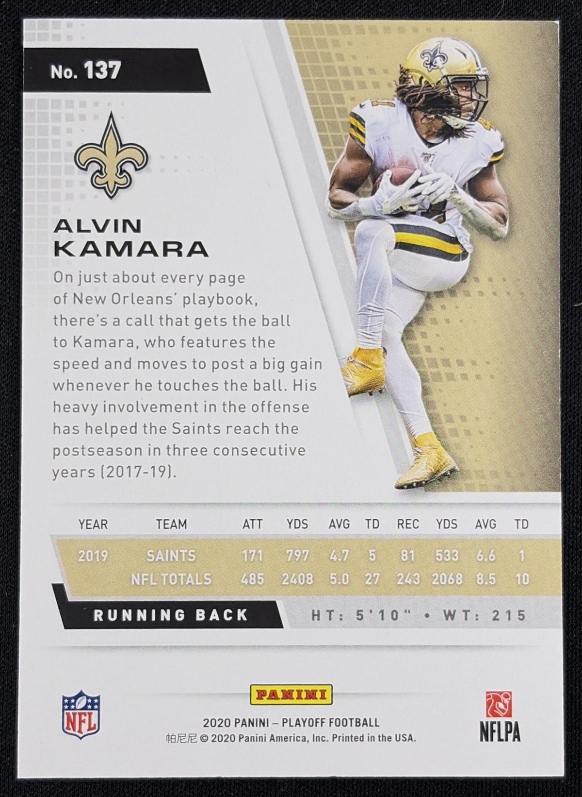 Alvin Kamara 2020 Panini Playoff 2nd Down /49 Saints - back