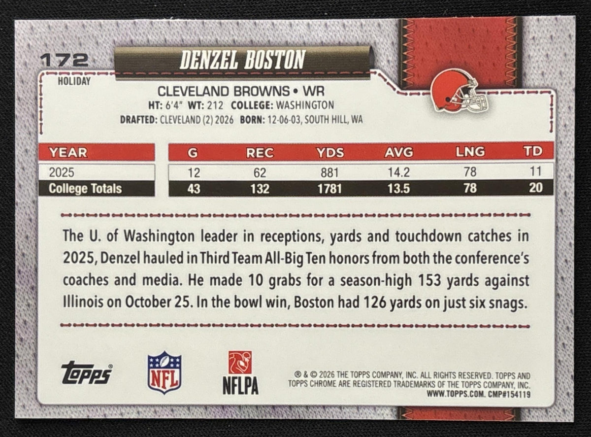 Denzel Boston 2026 Topps Holiday Chrome Sparkle Refractor Browns Sports Trading Card