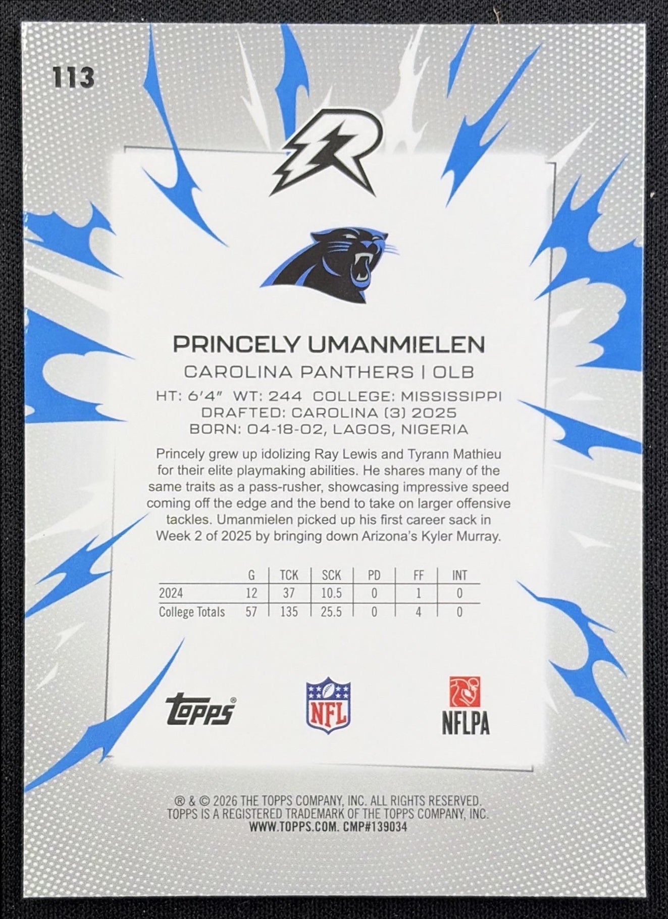 Princely Umanmielen 2025 Topps Resurgence Blue and Orange Spark Refractor Panthers