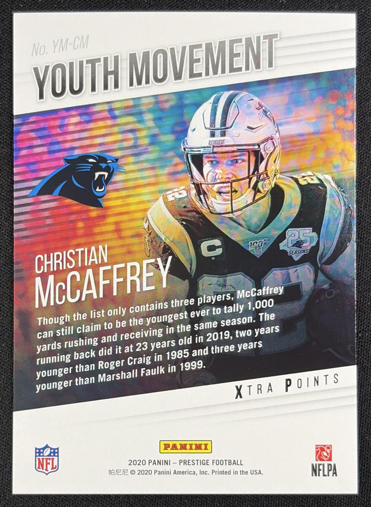 Christian McCaffrey 2020 Panini Prestige Youth Movement Xtra Points Green /99 Panthers