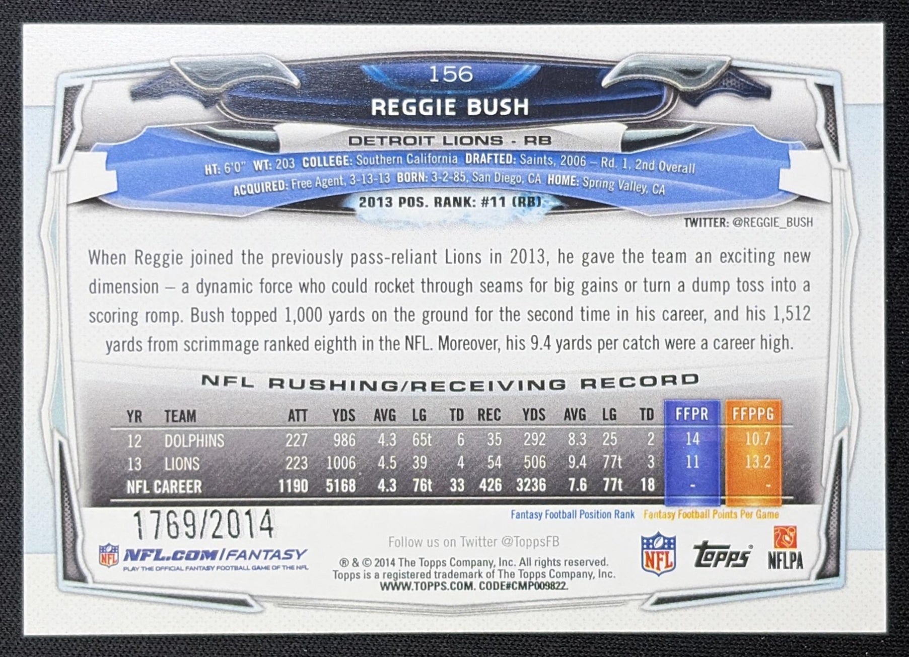 Reggie Bush 2014 Topps Gold /2014 Lions