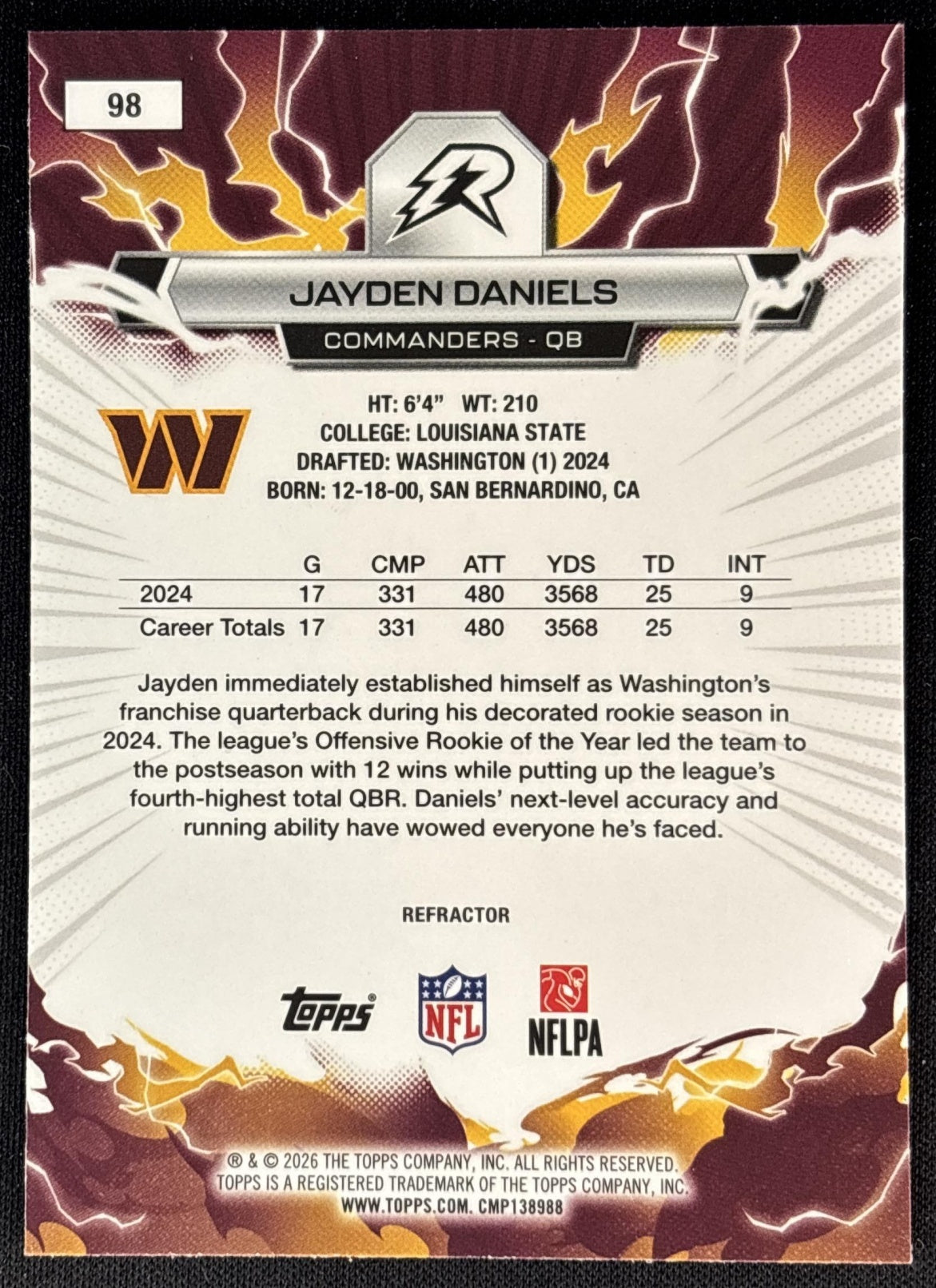 Jayden Daniels 2025 Topps Resurgence Refractor Commanders Washington Commanders Sports Trading Cards