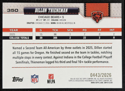 Dillon Thieneman 2026 Topps Gold /2026 Bears - back