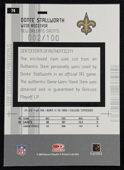 Donte Stallworth 2005 Leaf Certified Materials Mirror Red Materials /100 Saints sports trading card back