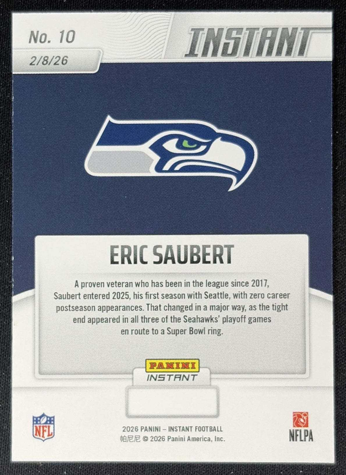 Eric Saubert 2026 Panini Instant Super Bowl LIX Champions Seattle Seahawks back