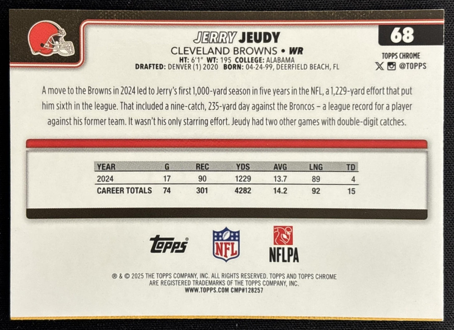 Jerry Jeudy 2025 Topps Chrome Pink Wave Refractor /250 Browns Sports Trading Cards
