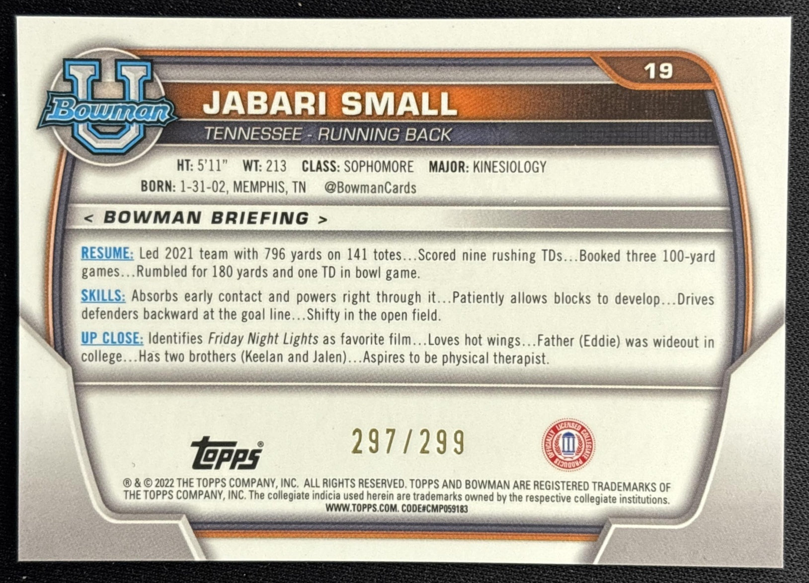 Jabari Small 2022 Bowman University Chrome Aqua Wave Refractor /299 Volunteers back