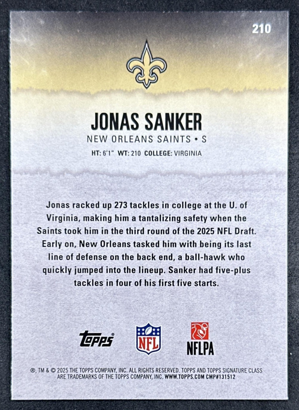 Jonas Sanker 2025 Topps Signature Class Rookie Blue & Yellow Foil Saints