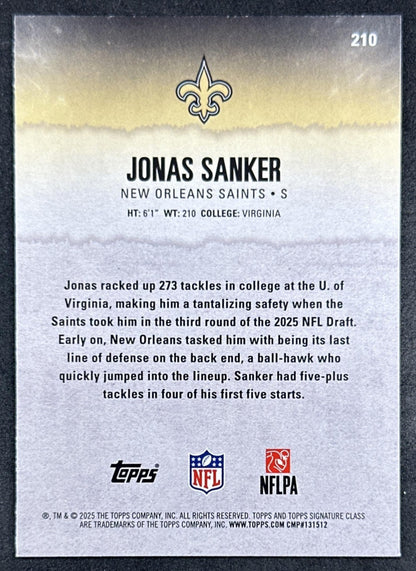 Jonas Sanker 2025 Topps Signature Class Rookie Blue & Yellow Foil Saints