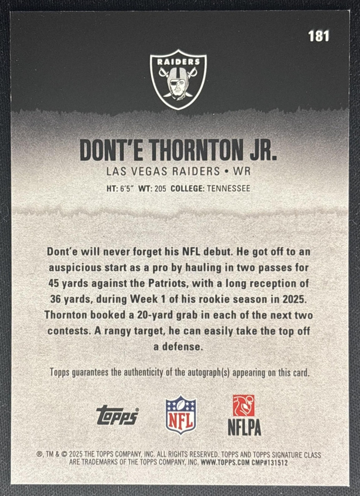 Dont'e Thornton Jr. 2025 Topps Signature Class Rookie Auto Raiders Sports Trading Cards