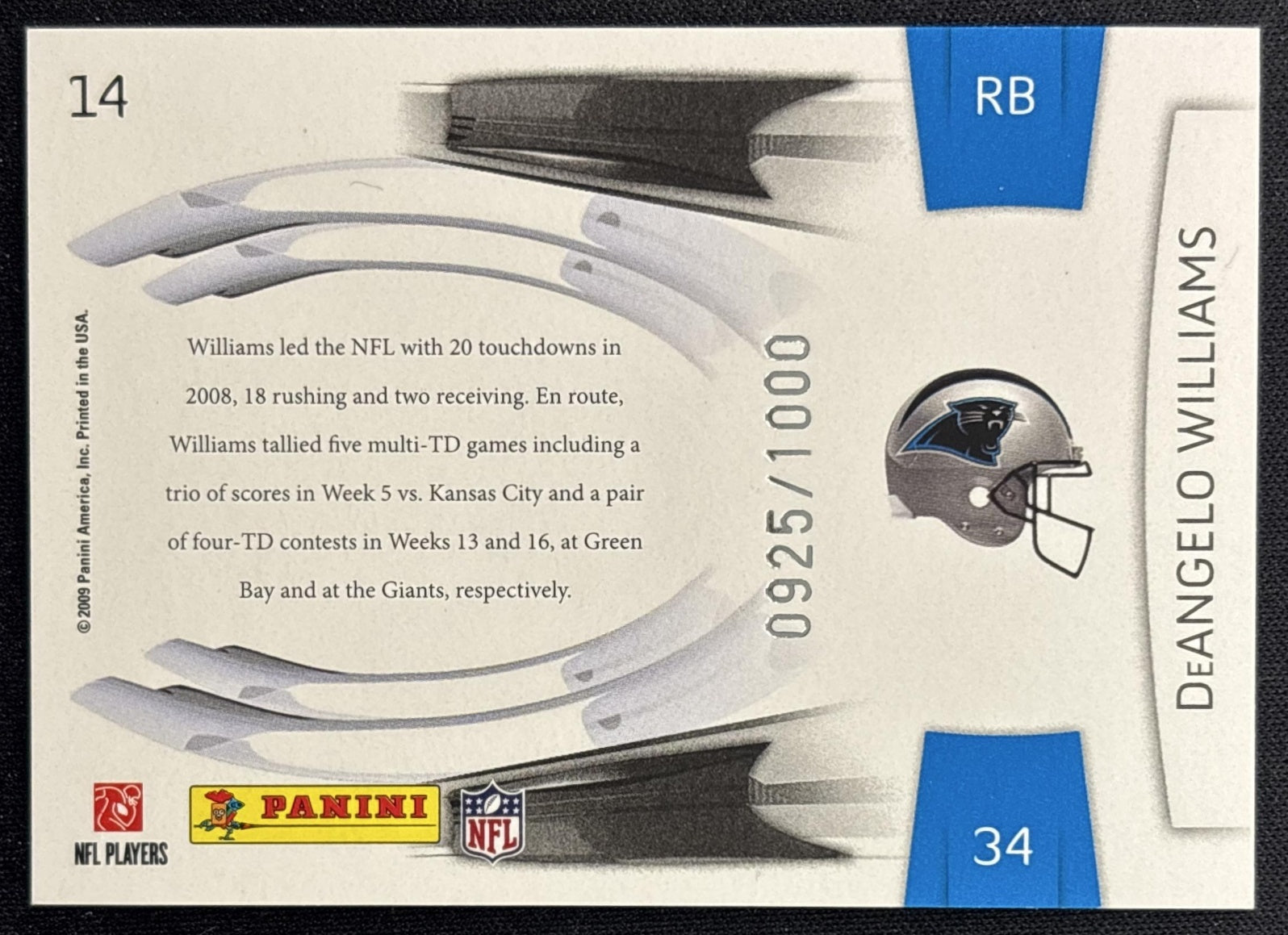 DeAngelo Williams 2009 Playoff Prestige Prestigious Pros Blue /1000 Panthers back